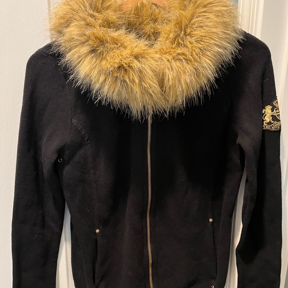 Ralph Lauren Women's Black Cardigan with Faux Fur Collar